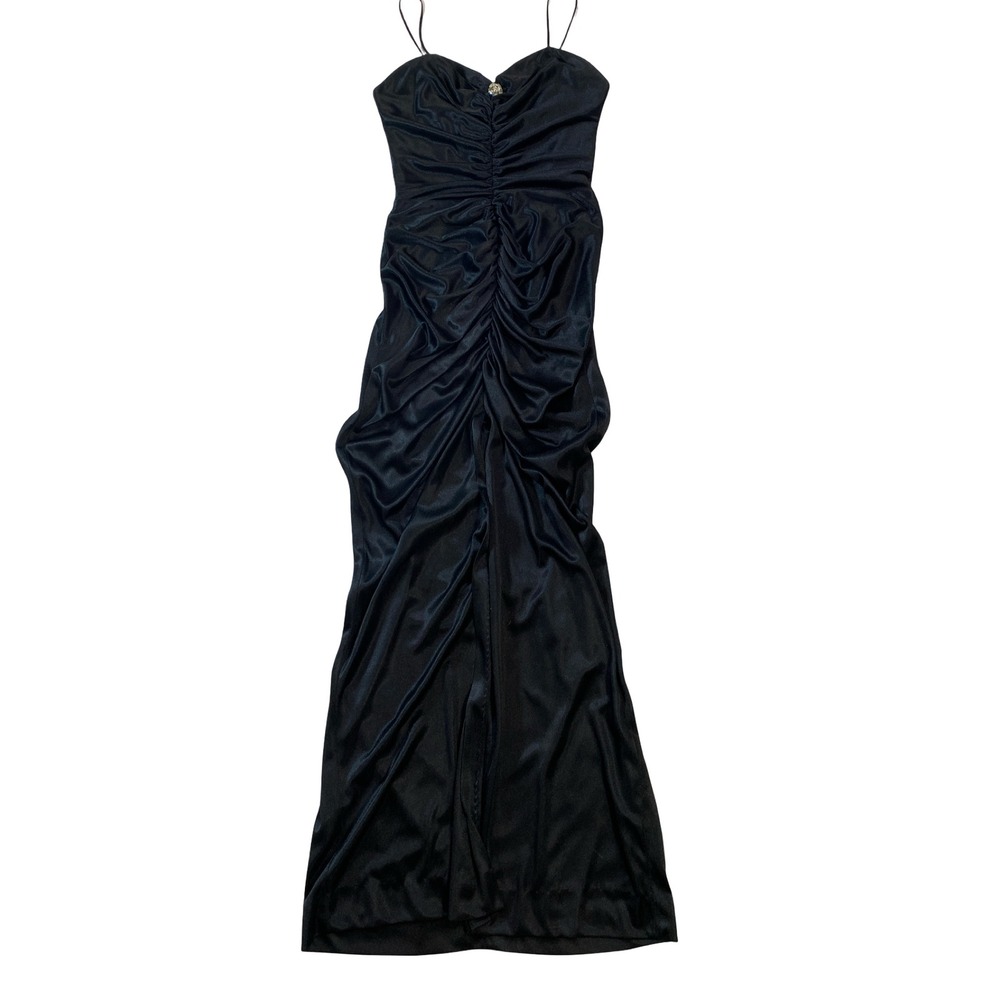 Fredericks of Hollywood Vintage Black Ruched Maxi Dress Rhinestone Brooch XS-S - Picture 12 of 15